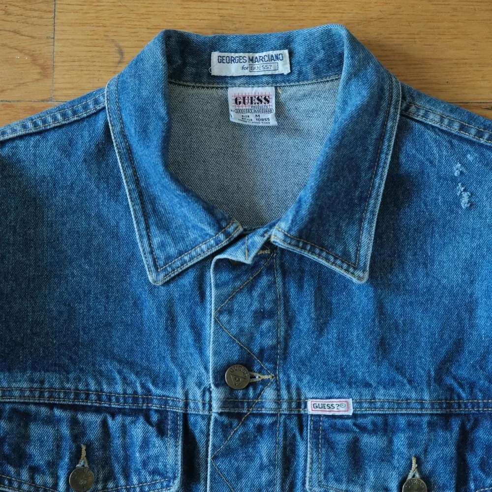 Guess Denim Jacket Mens Blue Distressed 90s Streetwear Size M Trucker Jacket